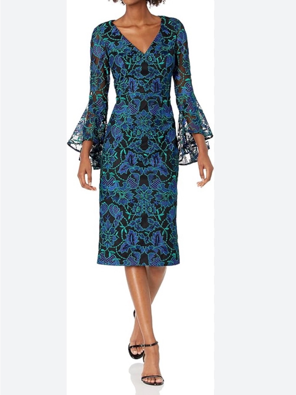 Carmen Marc Valvo Black Midi Dress with Blue & Green Floral Lace